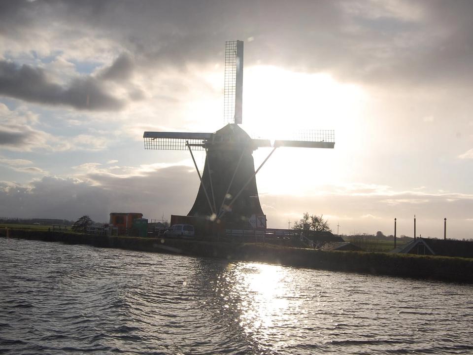 Waterside view of Alphen aan den Rijn in the Dutch Green Heart, with homes along the water