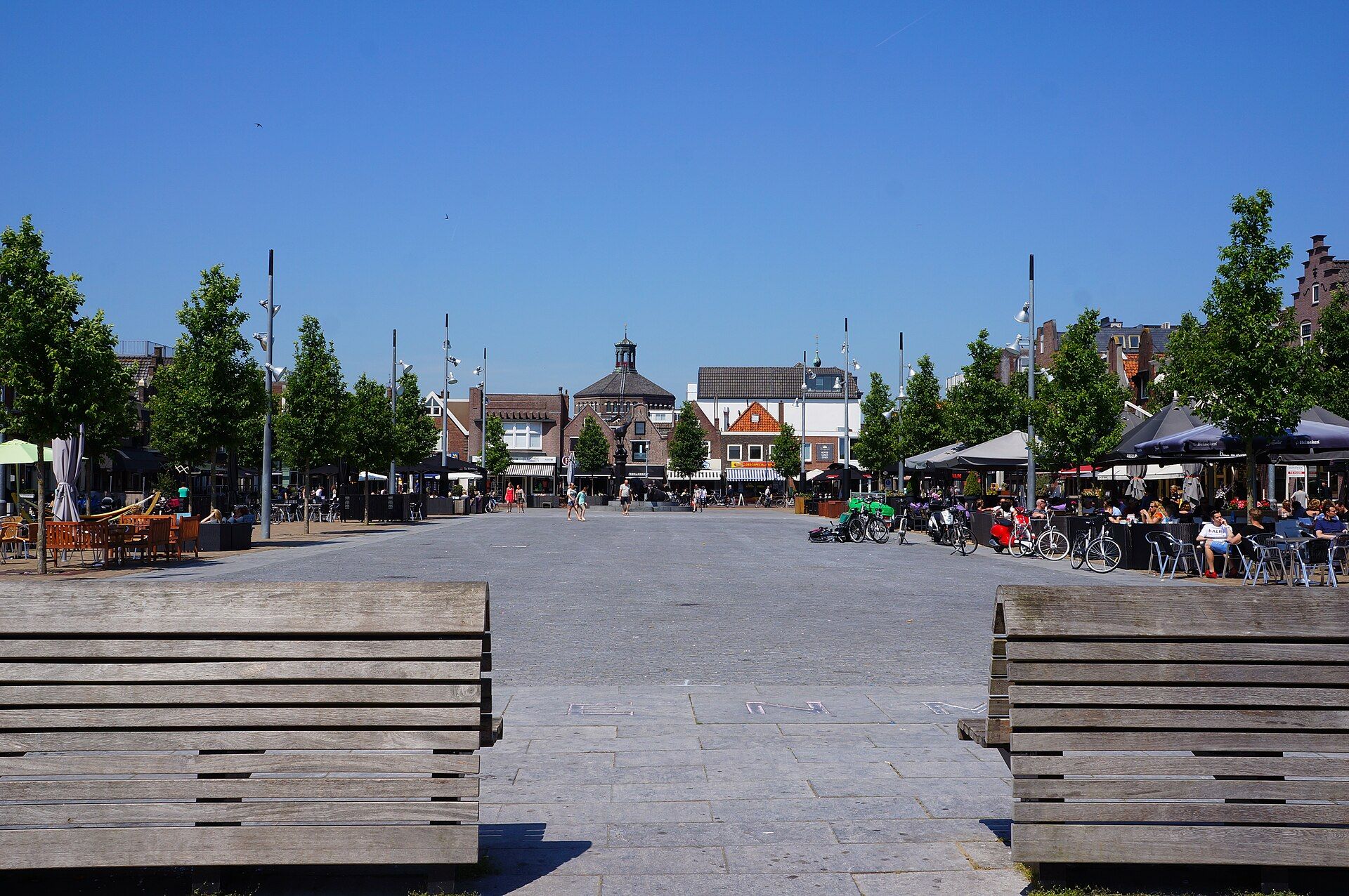Historic Koemarkt square with terraces in the centre of Purmerend, Noord-Holland