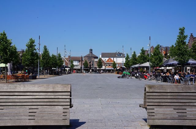 Historic Koemarkt square with terraces in the centre of Purmerend, Noord-Holland