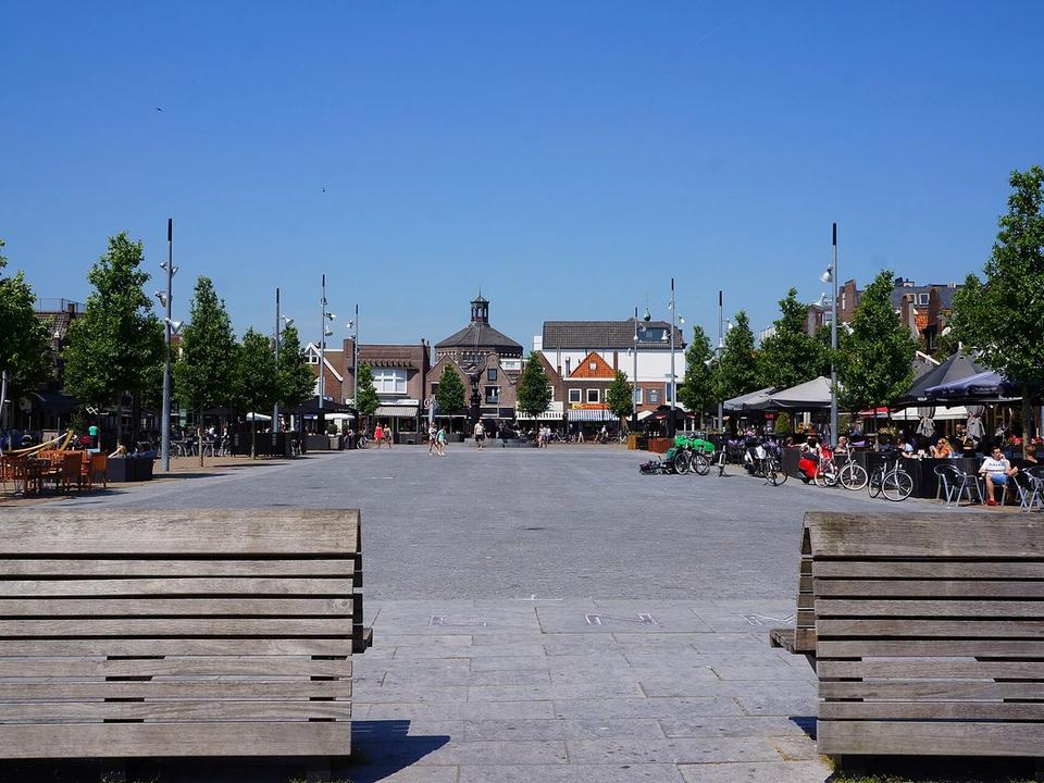 Historic Koemarkt square with terraces in the centre of Purmerend, Noord-Holland