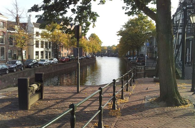 Canal houses and boats along the Lange Haven in the historic centre of Schiedam