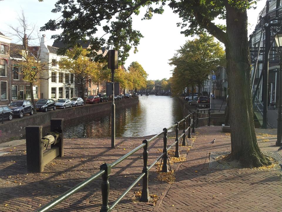 Canal houses and boats along the Lange Haven in the historic centre of Schiedam