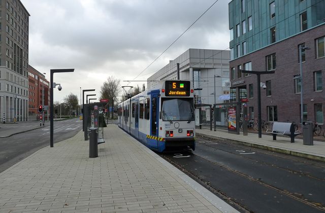 Tram arriving at the Stadshart stop in central Amstelveen on a clear day