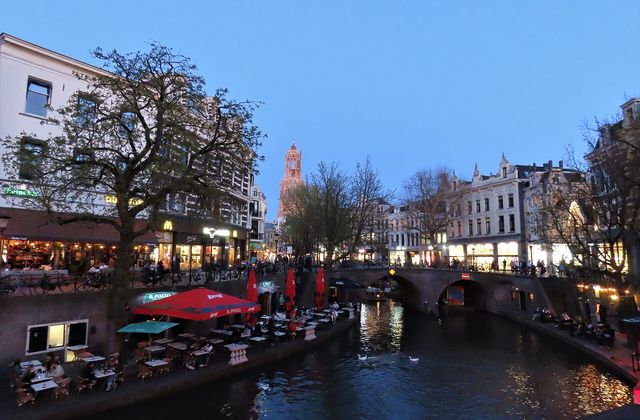 The Oudegracht canal in central Utrecht with its wharf cellars and the Dom Tower in the background