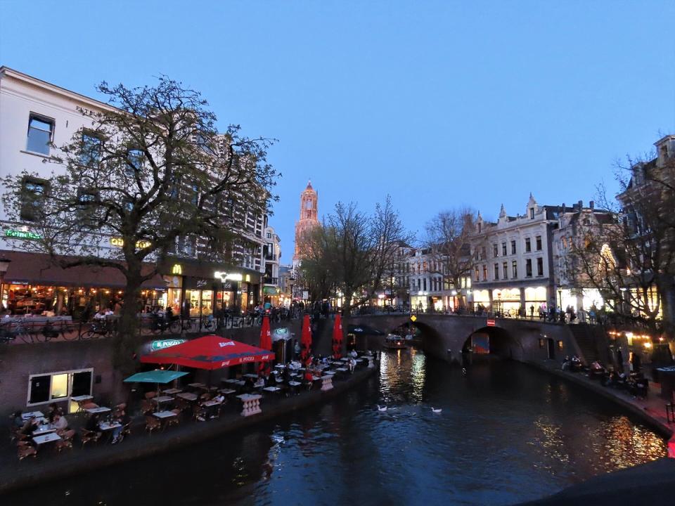 The Oudegracht canal in central Utrecht with its wharf cellars and the Dom Tower in the background