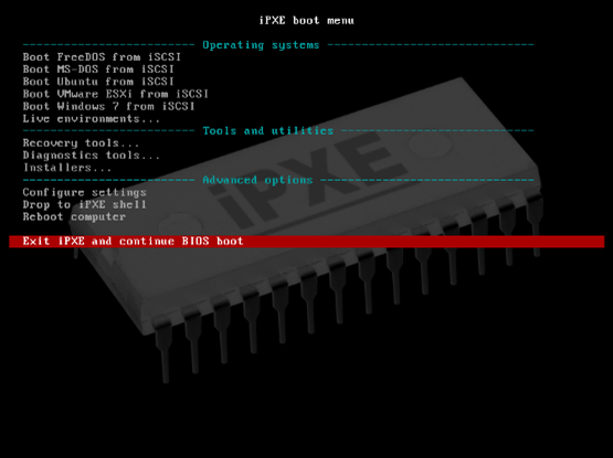 Ein Screenshot des iPXE Boot Menüs