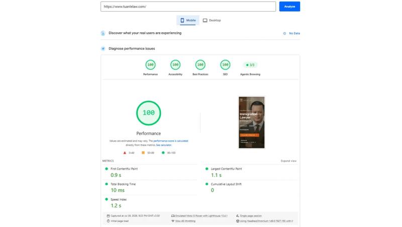 گزارش عملکرد موبایل — کسب امتیاز ۱۰۰ کامل در کیفیت، دسترسیپذیری، استانداردهای فنی و سئو با شاخص سرعت بارگذاری ۱.۲ ثانیه و زمان نمایش متن اصلی در ۱.۱ ثانیه.