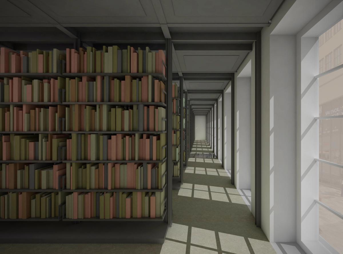 Visualisering av bibliotekets magasiner etter Arkitektskaps forslag. Fri bredde til rullestol mellom yttervegg og magasinhyller. 
