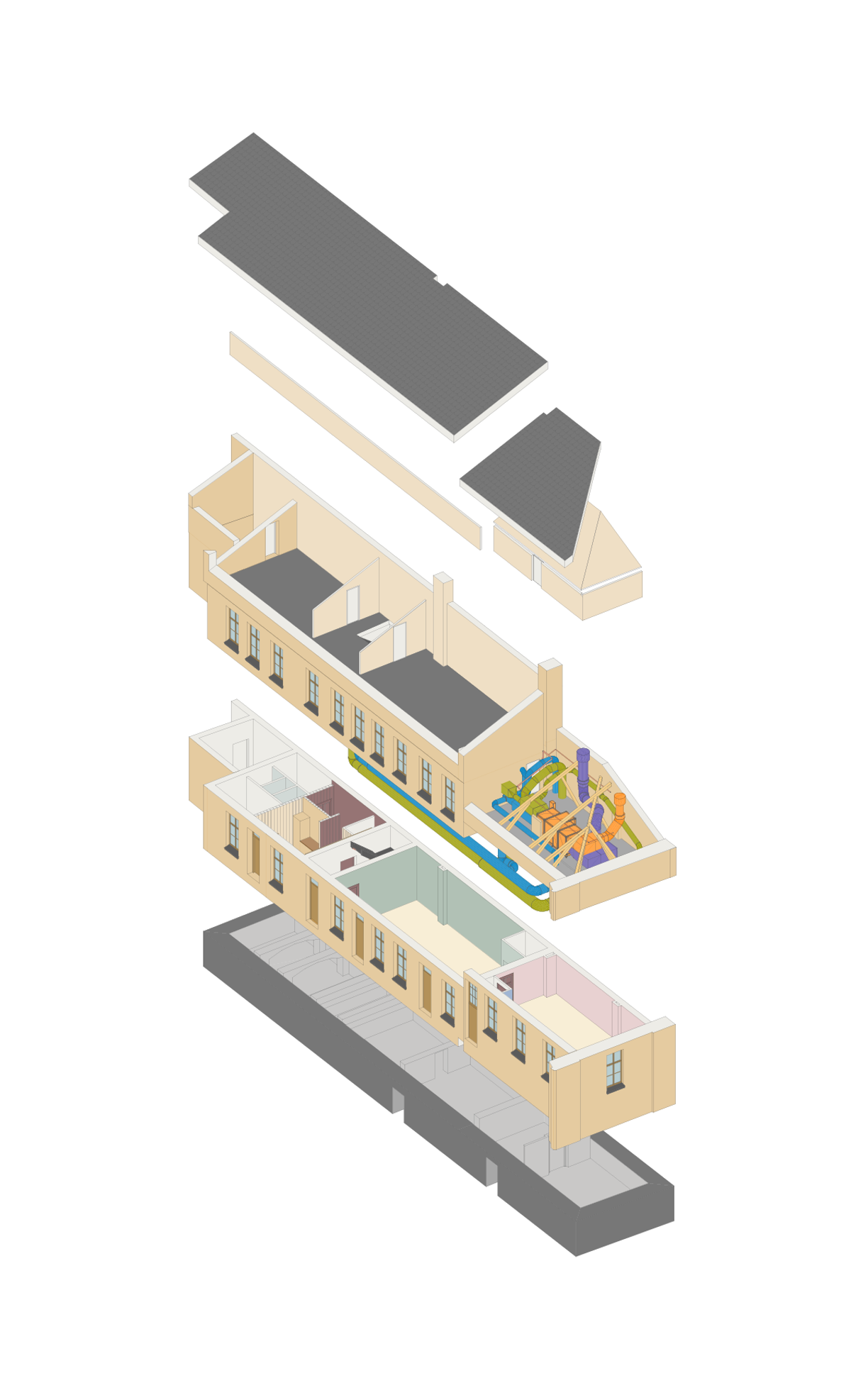 Illustrasjon av sidebygget Tollbugata 10 fra kjeller til loft som viser fargebruk, etasjefordeling og ventilasjon.