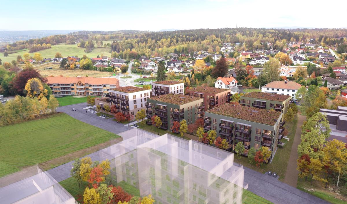 Visualisering som viser boligprosjektets skala i forhold til eksisterende situasjon.