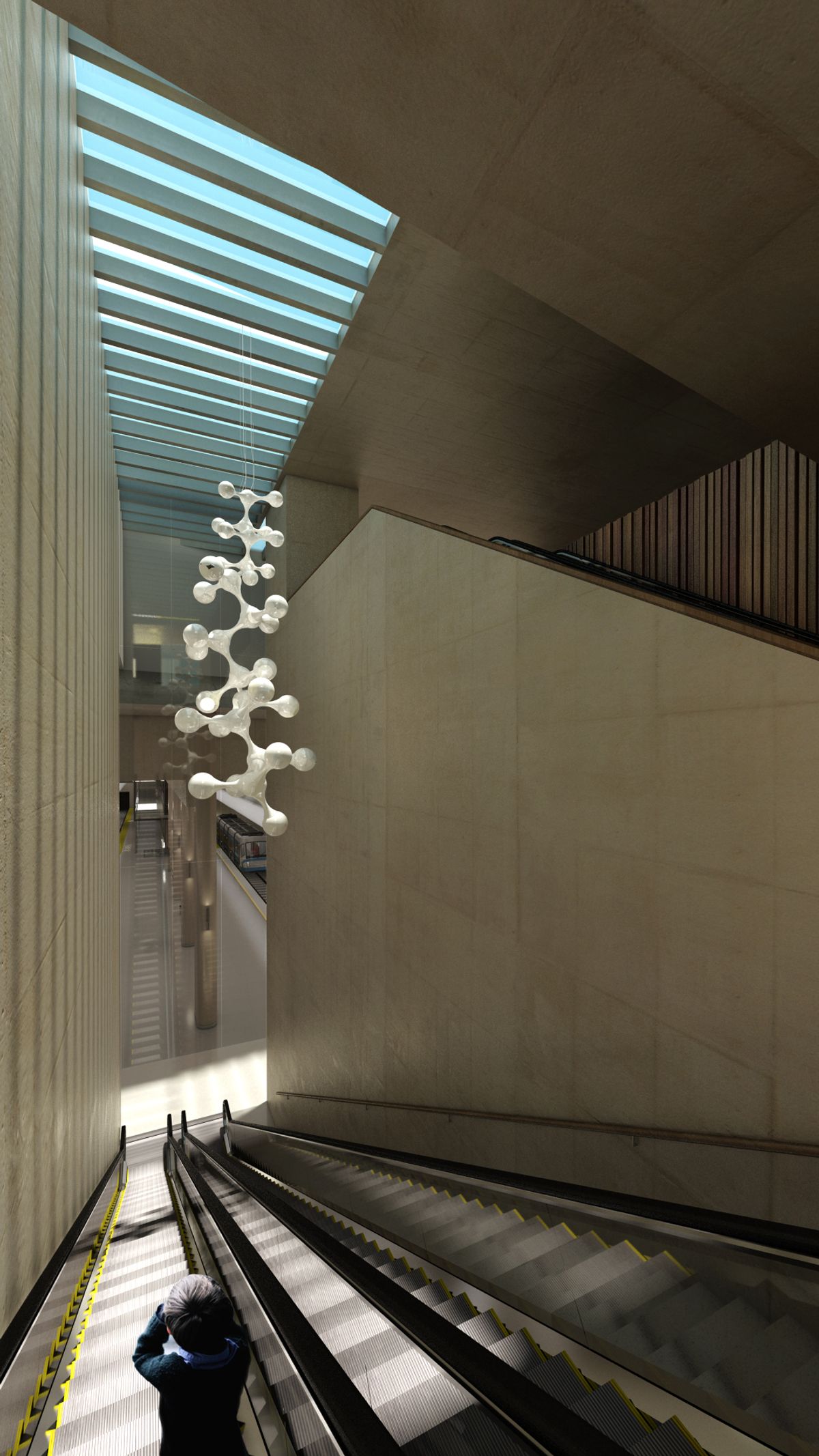 Visualisering av rulletrapper som viser en stor hall med lysinnslipp fra himling. En stor skulptur henger fritt.