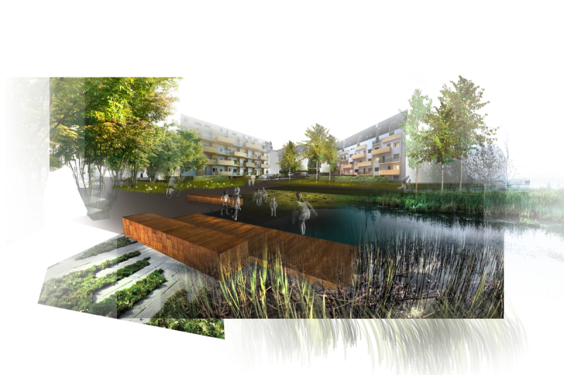 Visualisering av prosjektets utforming, med grøntområder og et lekent landskap. 
