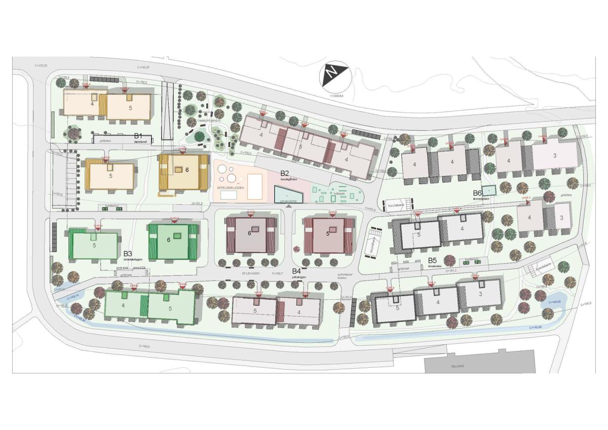Situasjonsplan som viser området og plassering av byggningsvolumer i ulike størrelser.