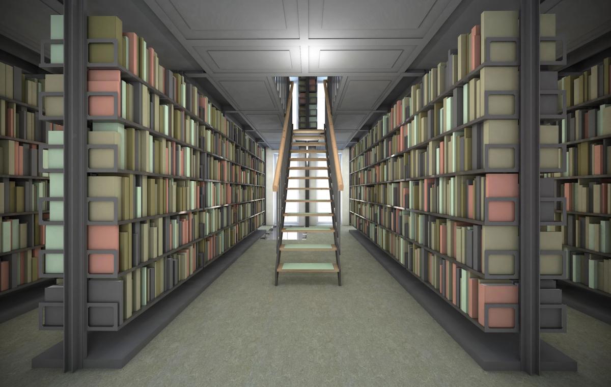 Visualisering av bibliotekets magasin etter Arkitektskaps forslag. Trapp midt i rommet og bokhyller på hver side. 