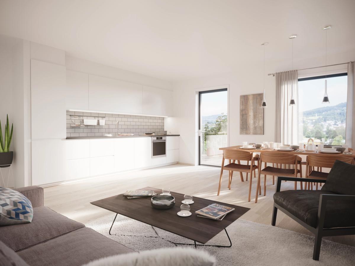 Visualisering som viser interiør i en leilighet med stue og kjøkken.