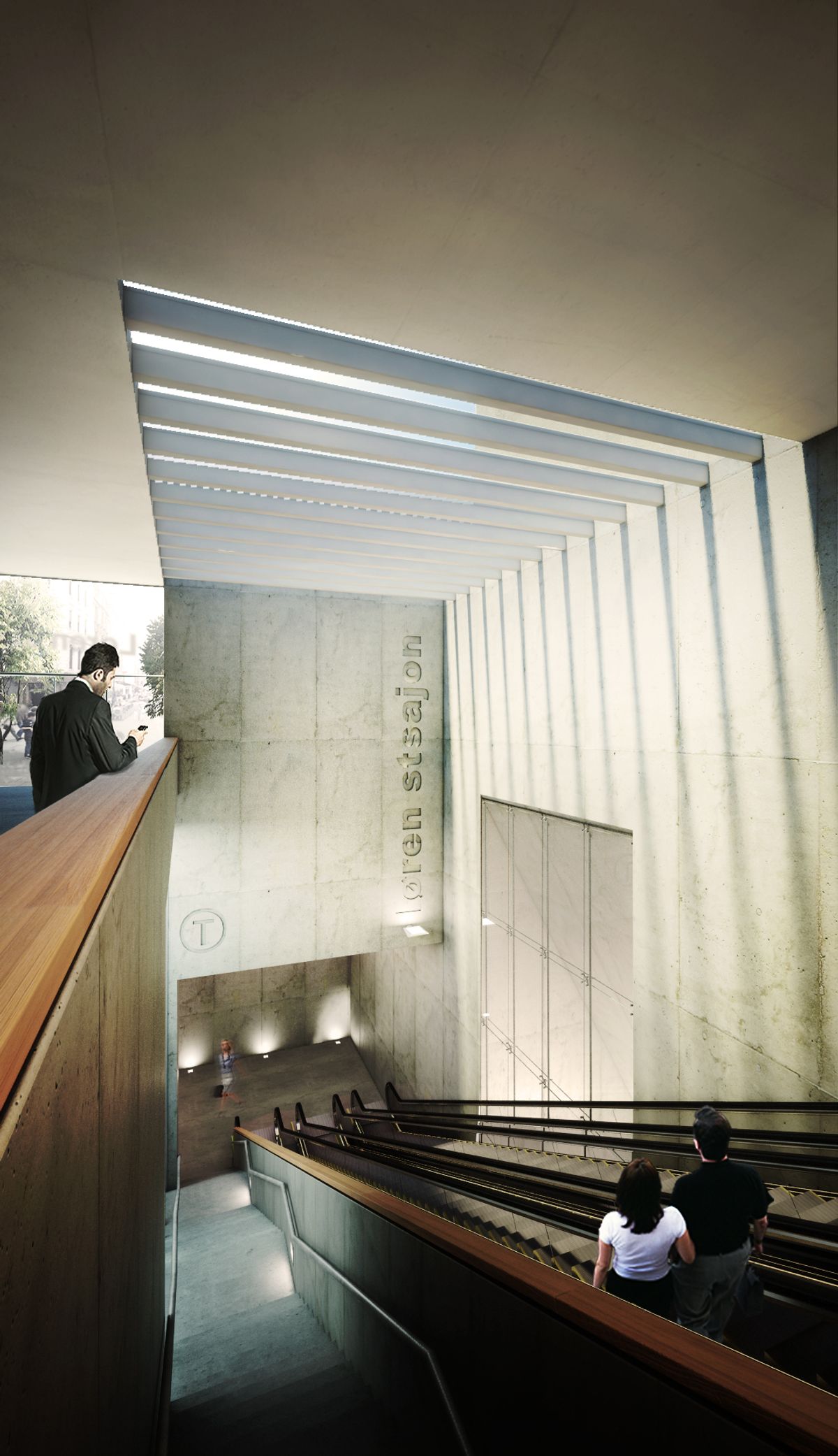 Visualisering av rulletrapper til t-banestasjon med stort lysinnslipp. Flater i betong, tre og glass. 