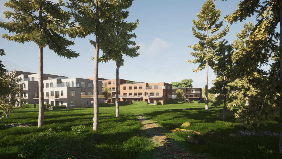 Visualisering av prosjektet fra avstand med skogen i forgrunn. Boligprosjektet består av flere volumer i ulike høyder, noen lyse fasader og noen rød/brune fasader.
