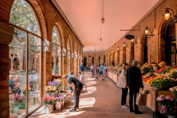 Illustrasjon av potensiale i Kirkeristen. Buegangen innglasset og salg av blomster/frukt og grønt.