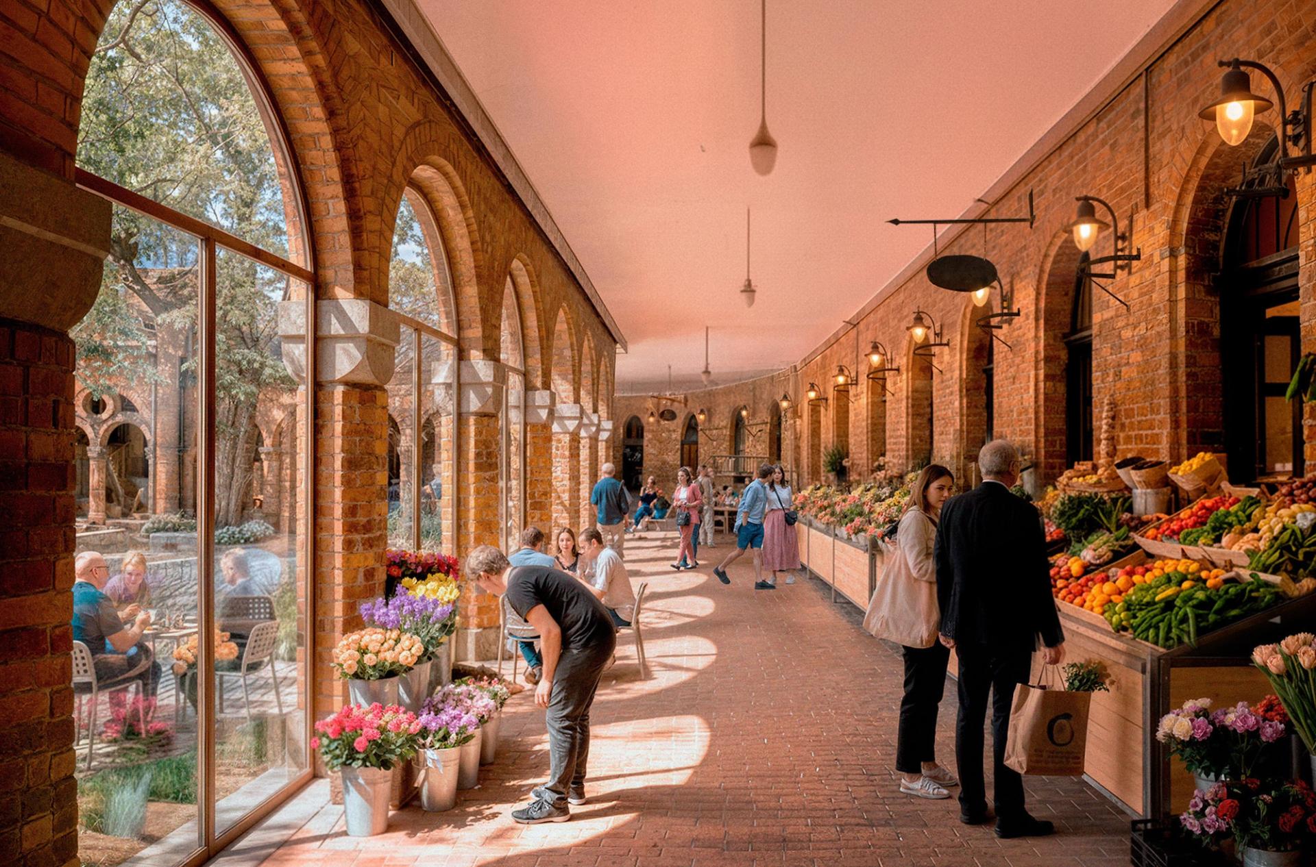 Illustrasjon av potensiale i Kirkeristen. Buegangen innglasset og salg av blomster/frukt og grønt.
