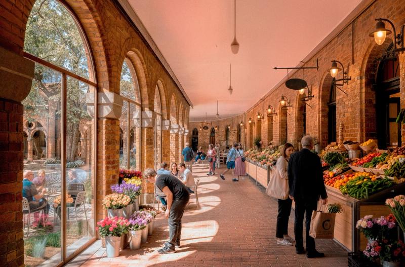 Illustrasjon av potensiale i Kirkeristen. Buegangen innglasset og salg av blomster/frukt og grønt.