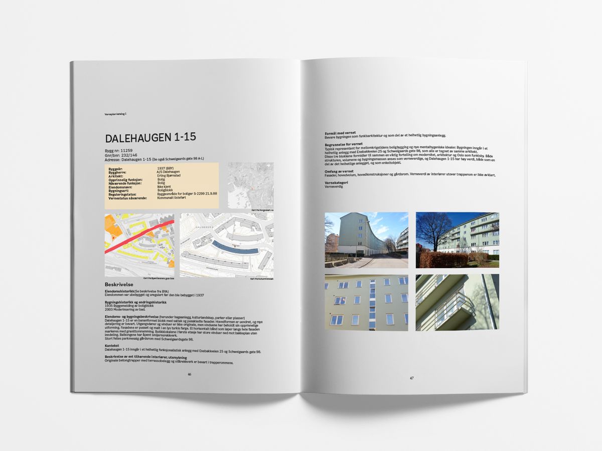 Produktfoto av åpen katalog, sidene viser vurderingen av et bygg i Dalehaugen 1-15. 