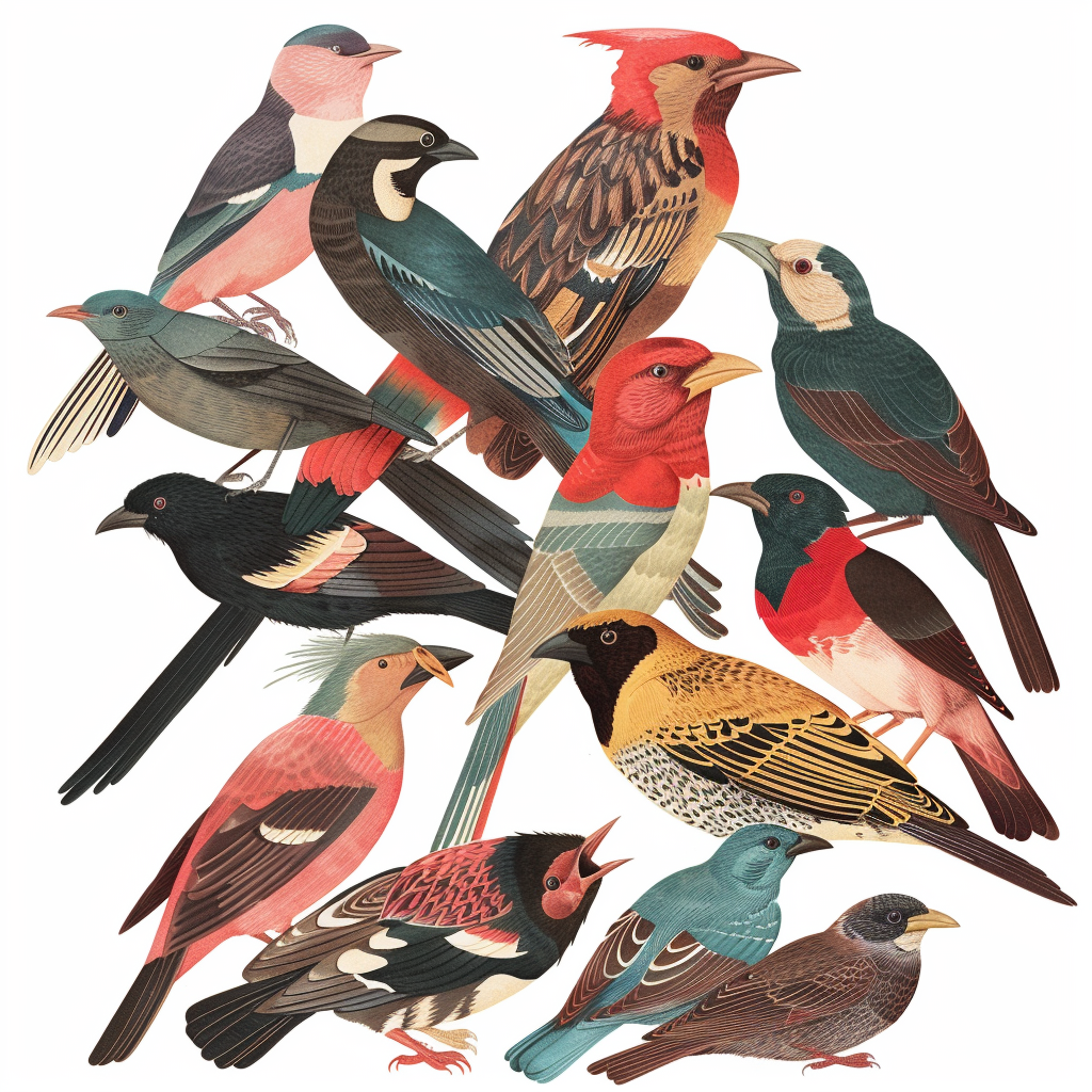 Erivärisiä lintuja.