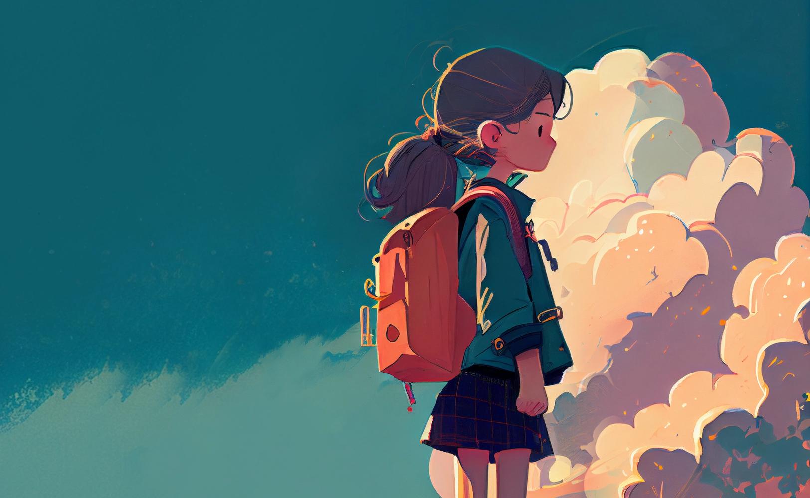 Koulutyttö katselee taivaalle