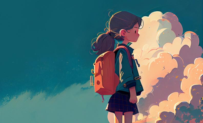 Koulutyttö katselee taivaalle