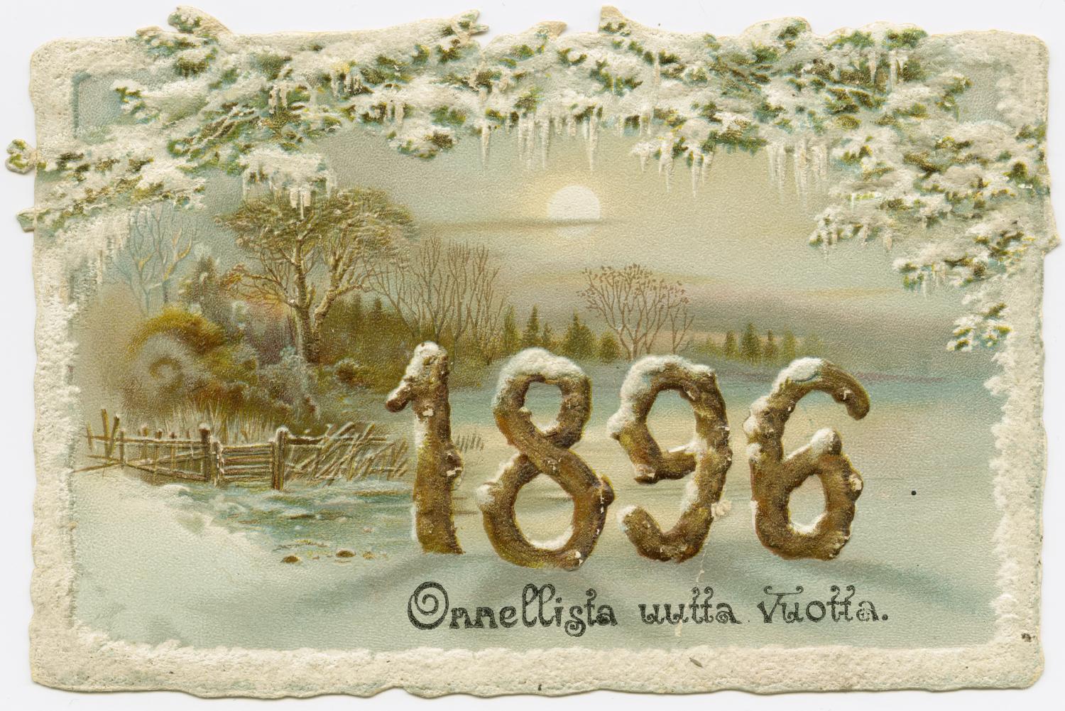 Cтарая новогодняя открытка с зимним пейзажем (Vanha postikortti jossa talvimaisema ja vuosiluku 1896)