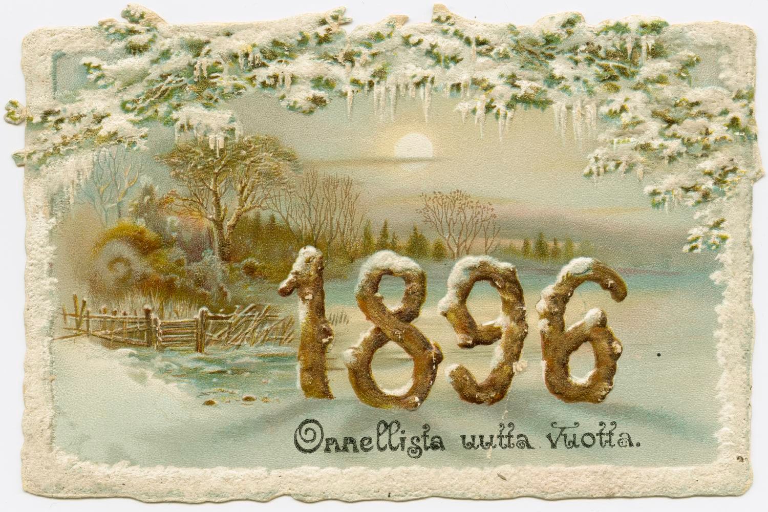 Cтарая новогодняя открытка с зимним пейзажем (Vanha postikortti jossa talvimaisema ja vuosiluku 1896)