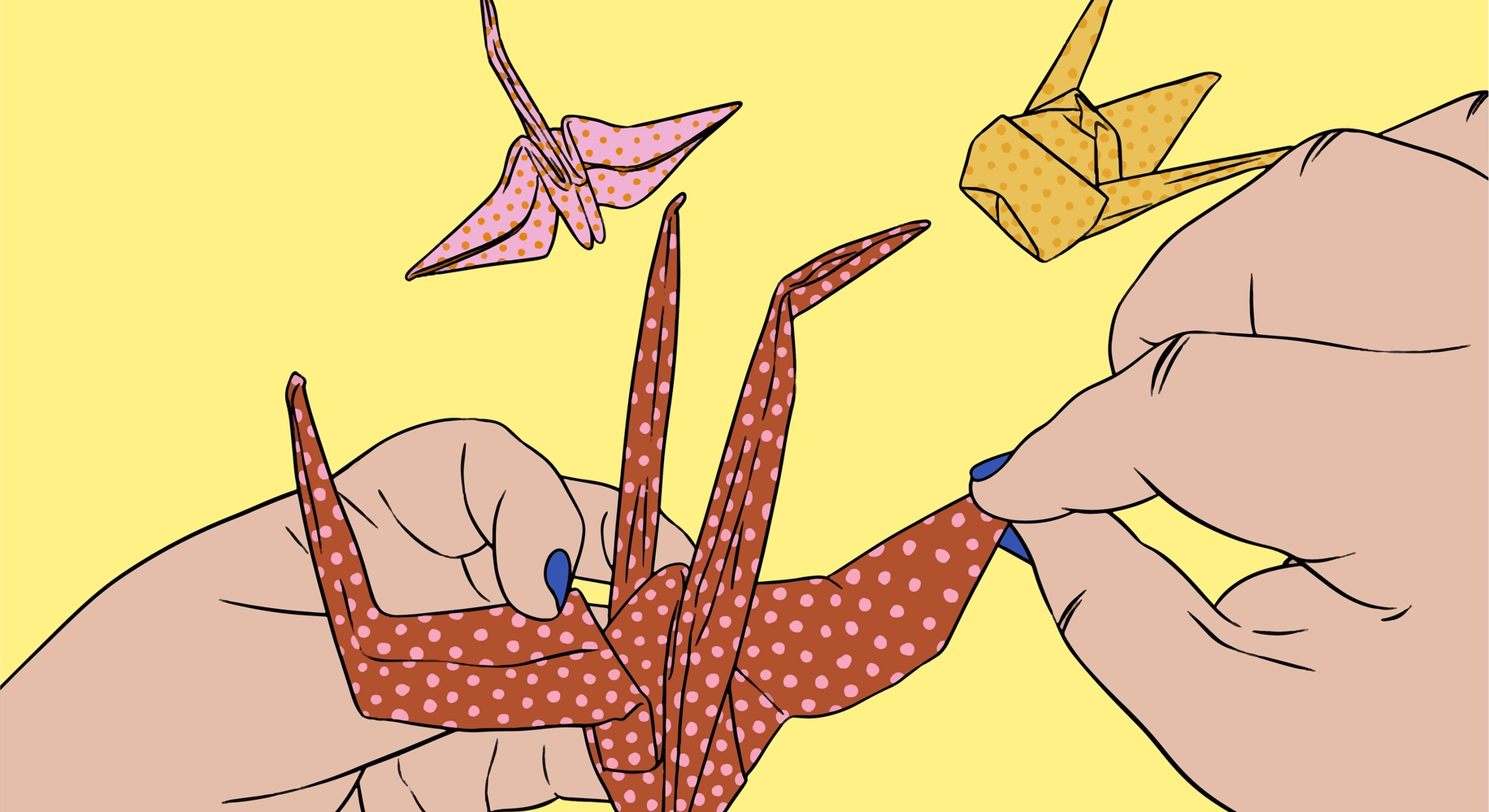 Two hands folding a red polka-dotted origami crane, with two other completed cranes—one pink and one yellow—floating above, set against a yellow background