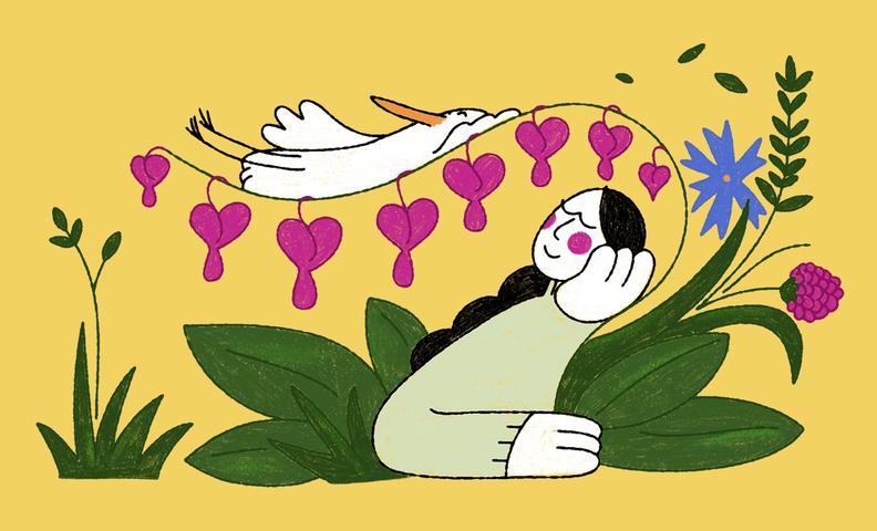 Иллюстрация: женщина среди зелёных растений и цветов (Kuvitus: nainen kukkien keskellä).