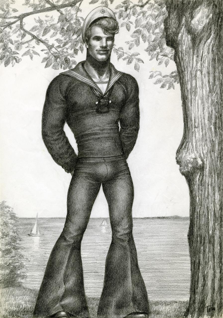 Tom of Finlandin teos, jossa merimieshahmo seisoo katsoen katsojaa päin, alaspäin levenevät housut jalassa.