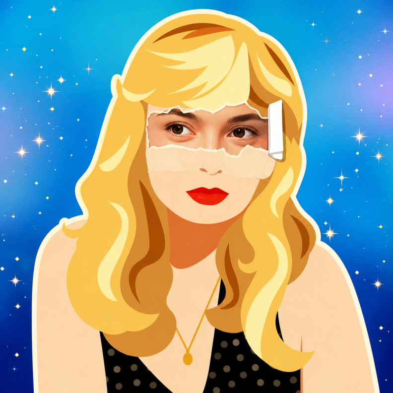 Иллюстрация женщины с светлыми волосами и повязкой на глазу на синем фоне (Kuvitus vaaleahiuksisesta naisesta silmälapulla sinistä taustaa vasten)