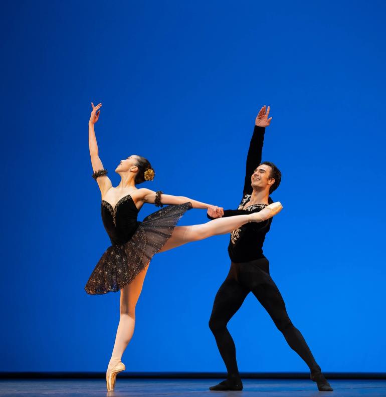 Балетная пара в изящной позе на синем фоне (Balettipari elegantissa asennossa sinistä taustaa vasten)