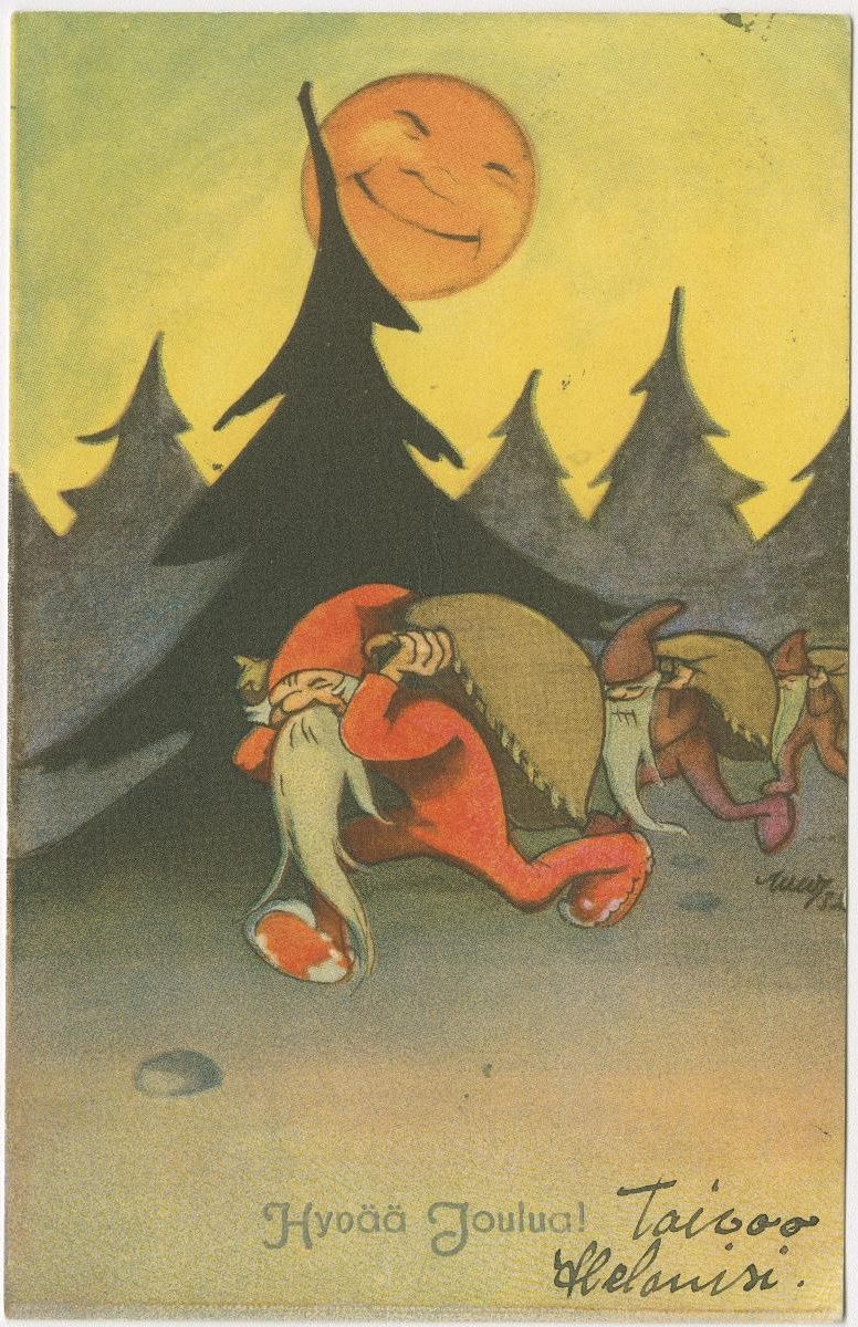 Рождественская открытка с тремя гномами в лесу (Joulukortti jossa kolme tonttua metsässä)