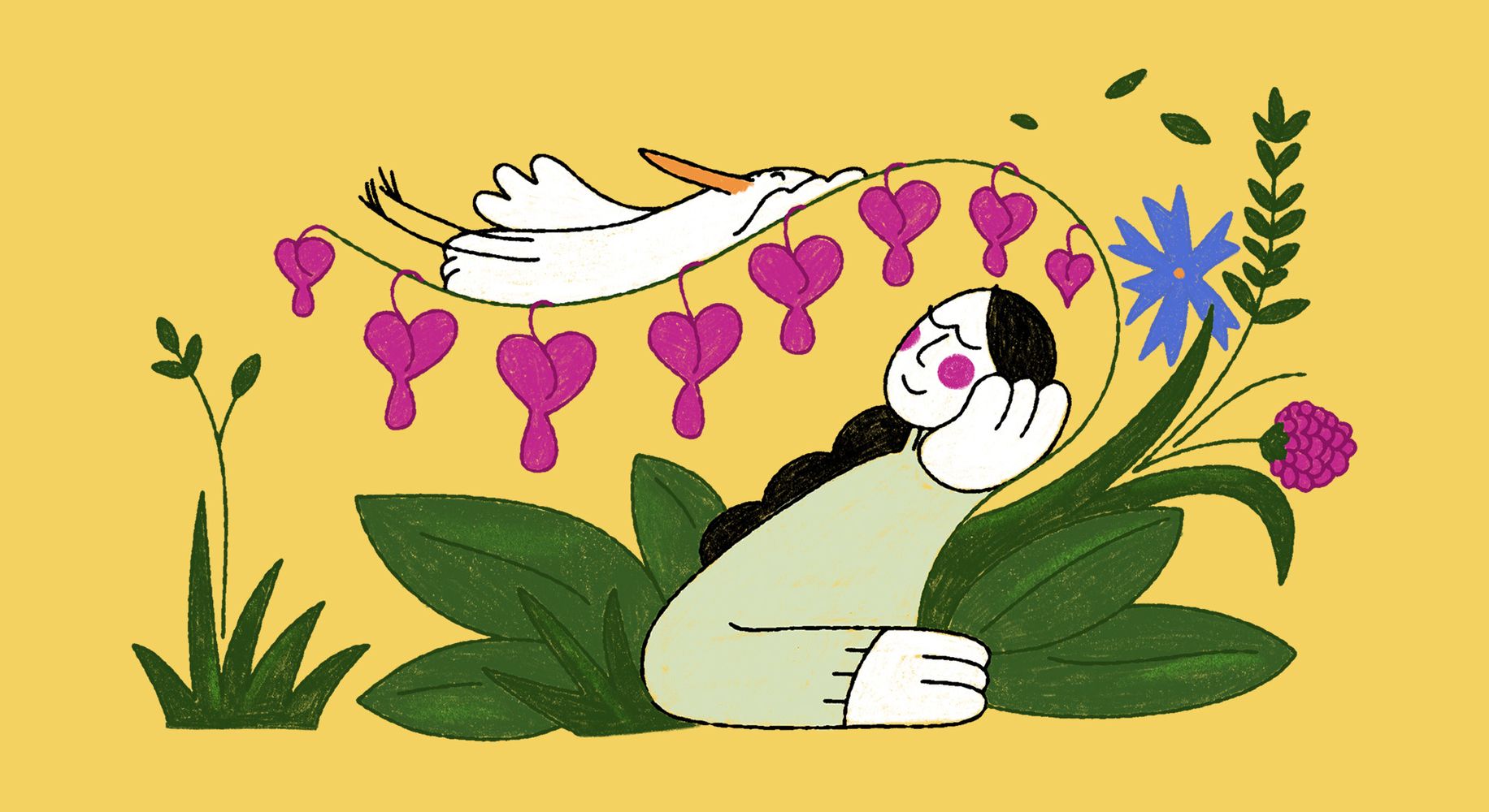 Иллюстрация: женщина среди зелёных растений и цветов (Kuvitus: nainen kukkien keskellä).