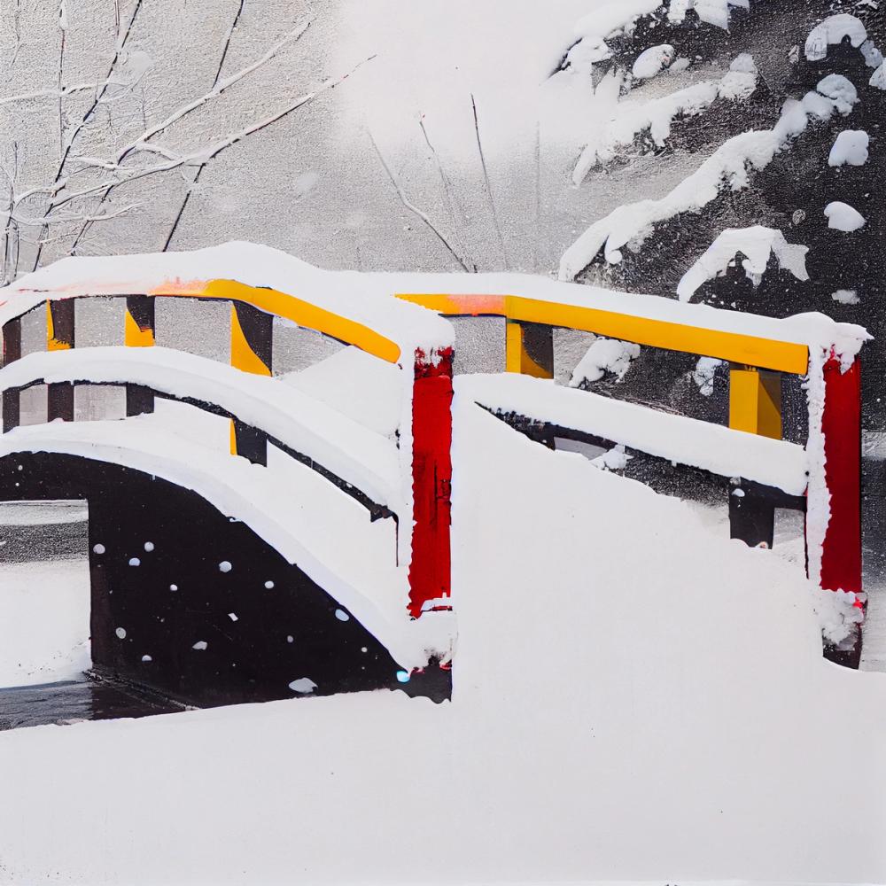 Цифровая иллюстрация припорошенного снегом деревянного мостика (Digimaalaus puuterilumen peittämästä puusillasta)