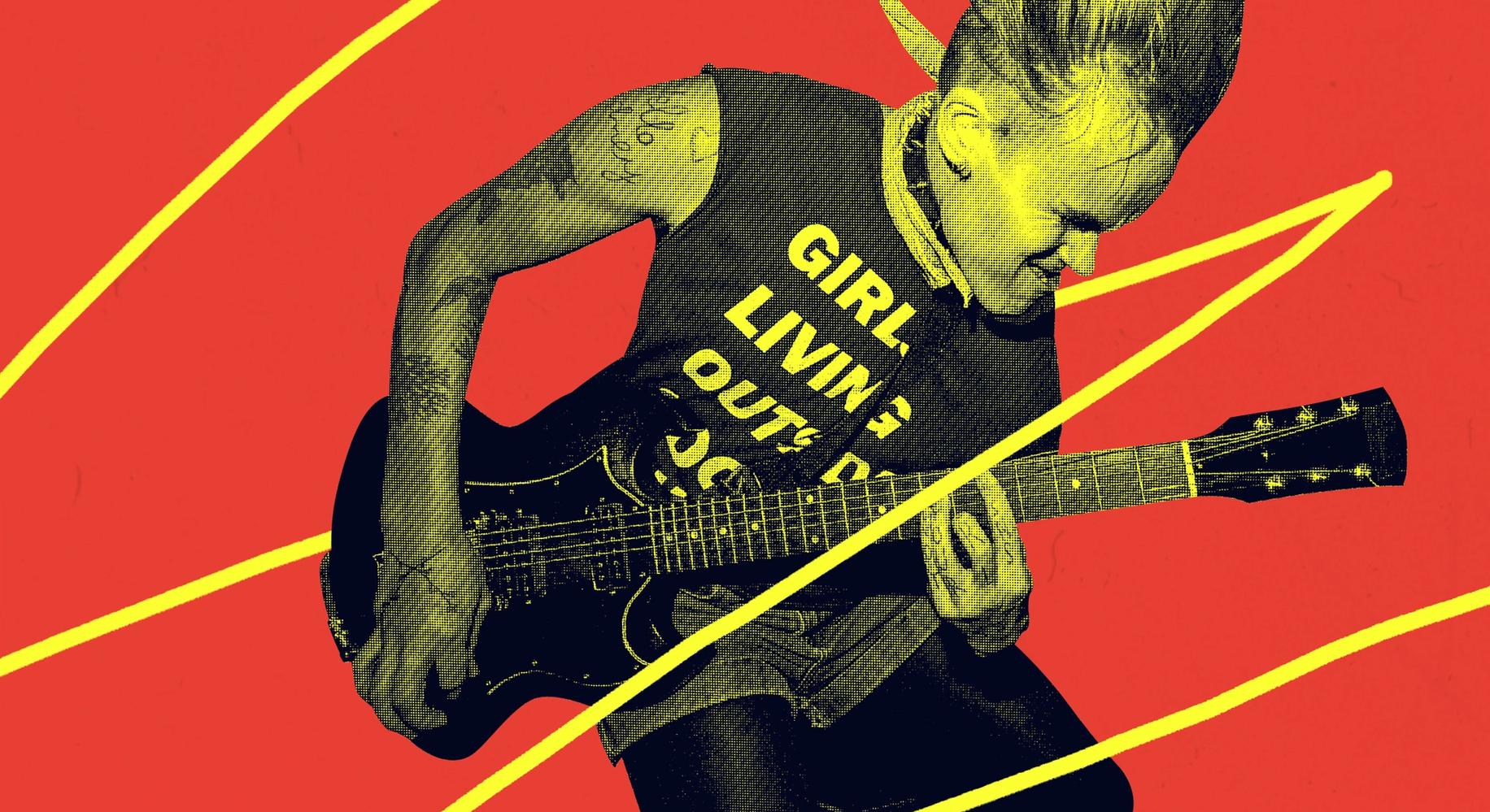 Панк играет на электрогитаре на ярком фоне (Punkkari soittaa sähkökitaraa kirkkaalla taustalla)