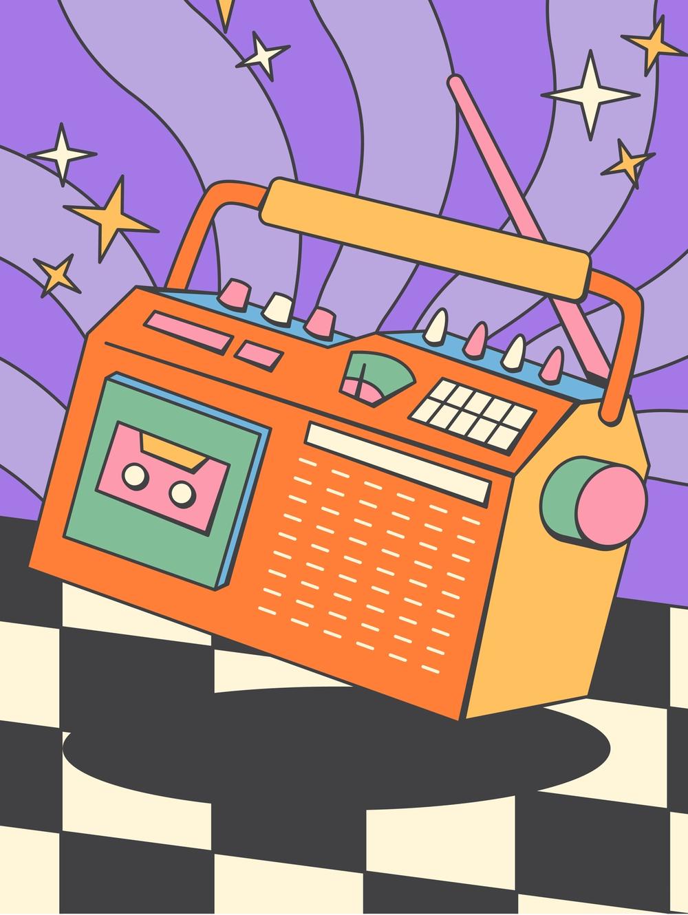 Иллюстрация кассетного радиоприемника (Piirroskuva radio-kasettisoittimesta)