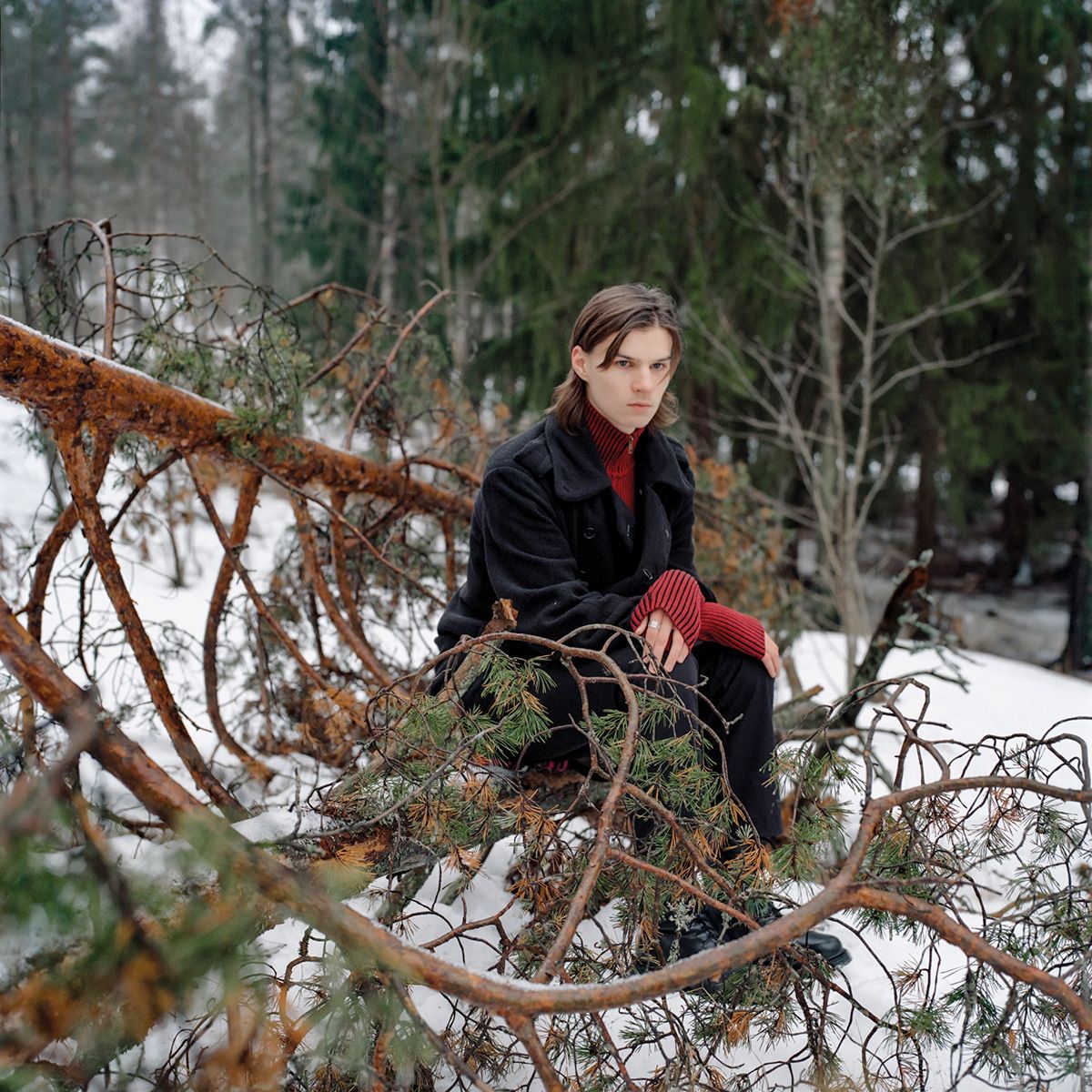 Человек сидит на поваленном дереве в зимнем лесу (Henkilö istuu kaatuneella puulla talvisessa metsässä)