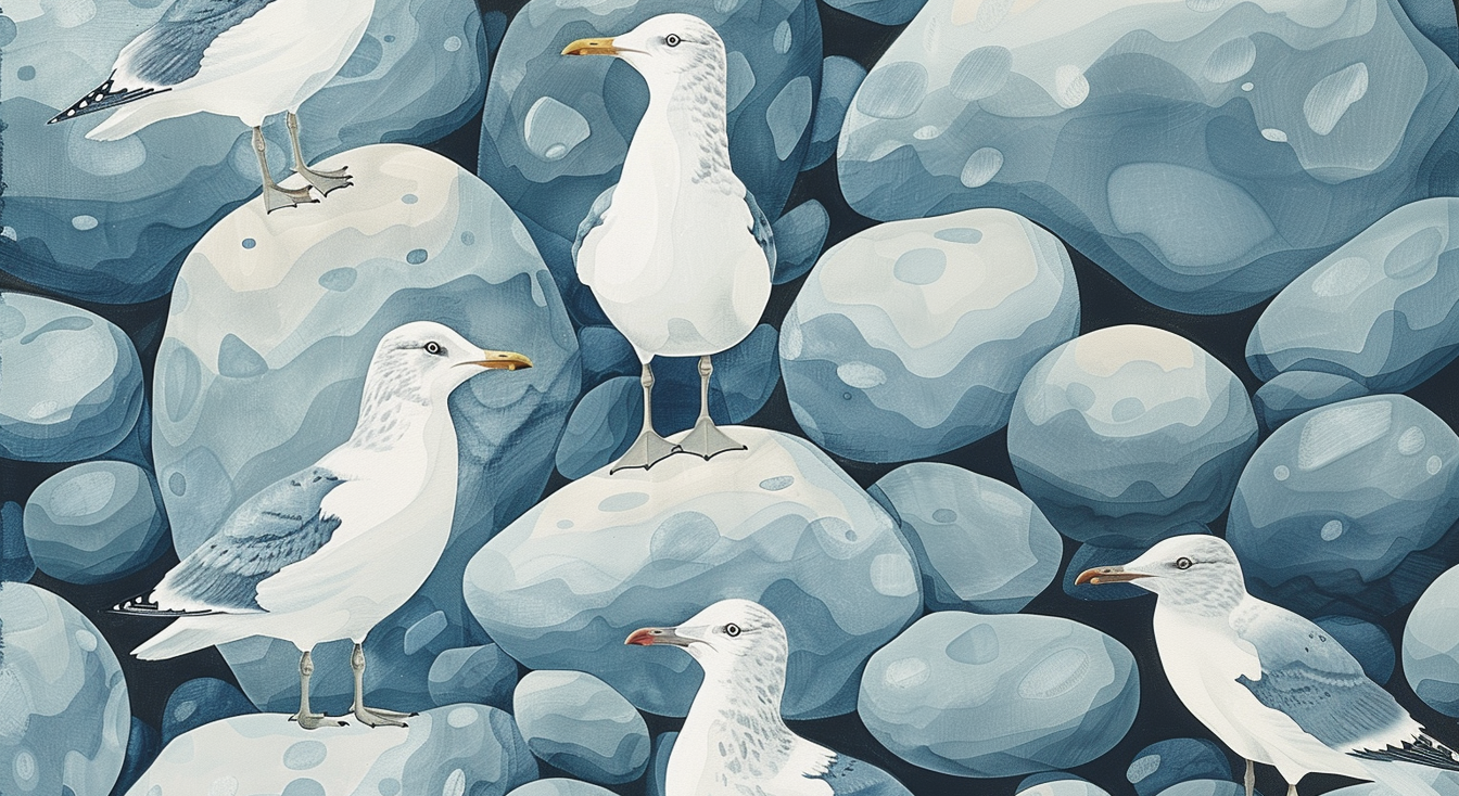 Viisi lokkia seisovat kivillä ja katsovat eri suuntiin