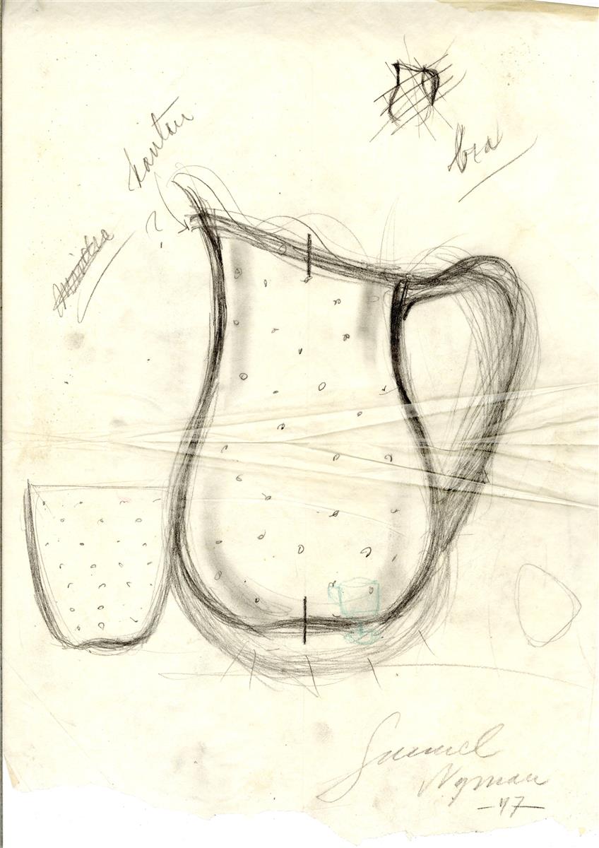 Kuva Gunnel Nymanin luonnoksesta kaatimiseksi ja juomalasiksi