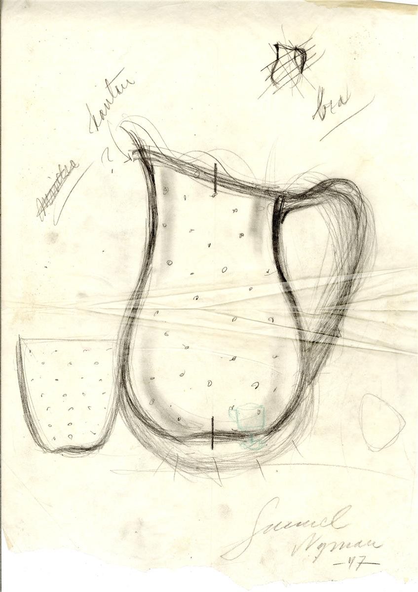 Kuva Gunnel Nymanin luonnoksesta kaatimiseksi ja juomalasiksi