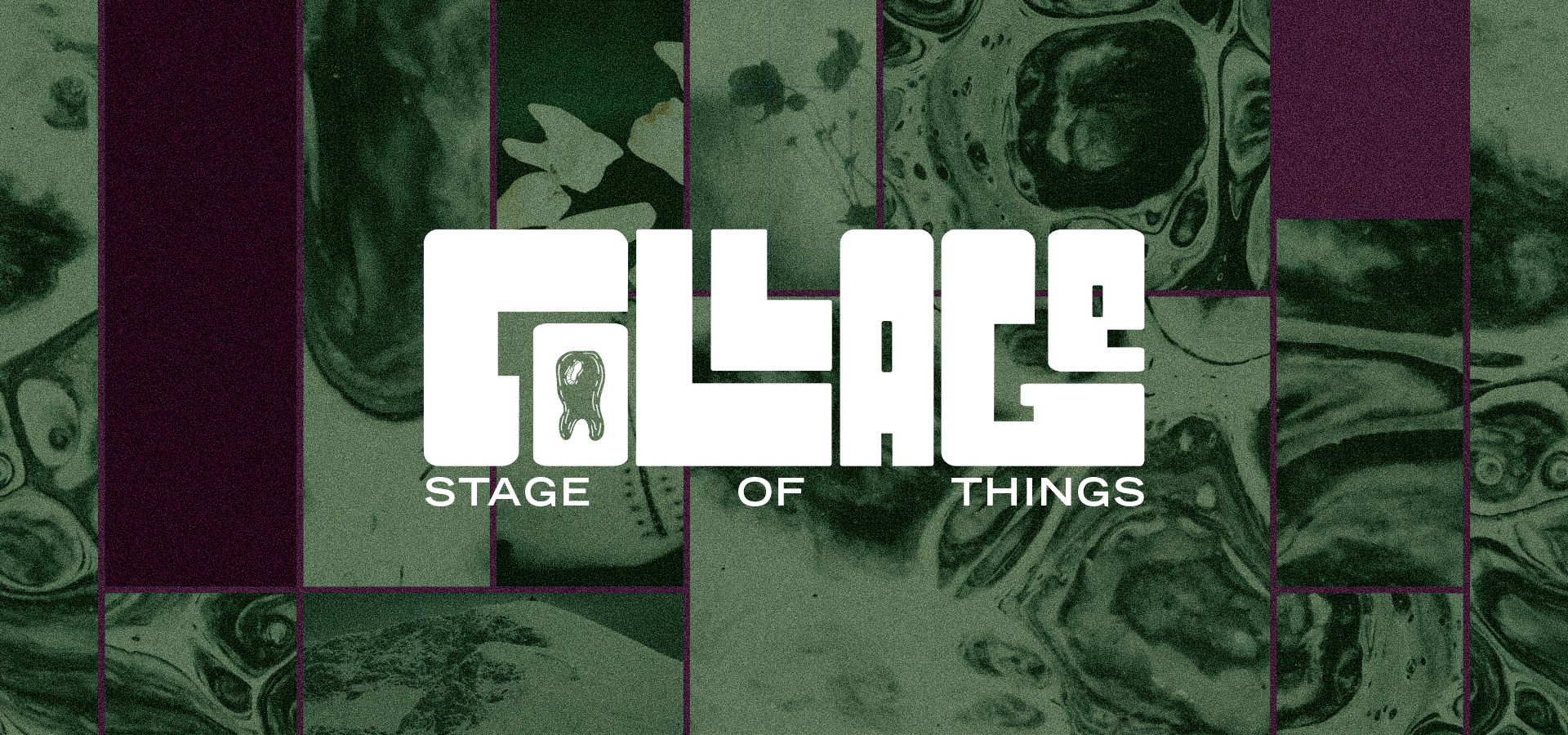 Абстрактный зеленый коллаж с белой надписью Collage: Stage of Things (Vihreä abstrakti kollaasi ja valkoinen teksti Collage: Stage of Things)