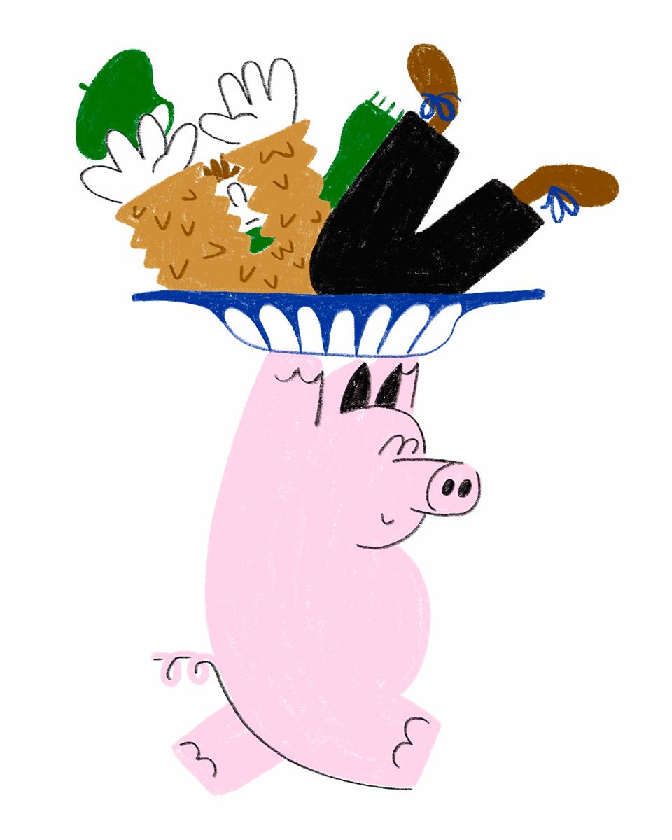 Иллюстрация: свинья несёт на блюде человека (Kuvitus: sika kantaa vadilla ihmistä)