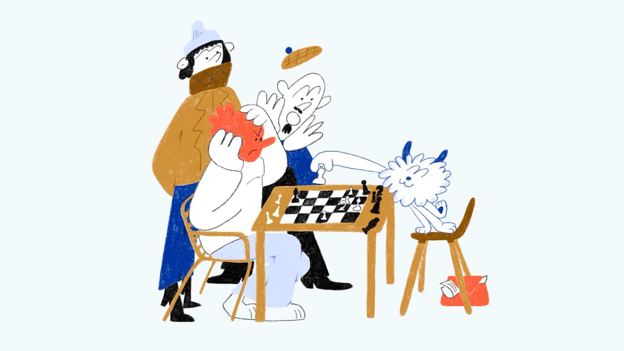 Kuva: Ihmiset ja koira pelaavat shakkia