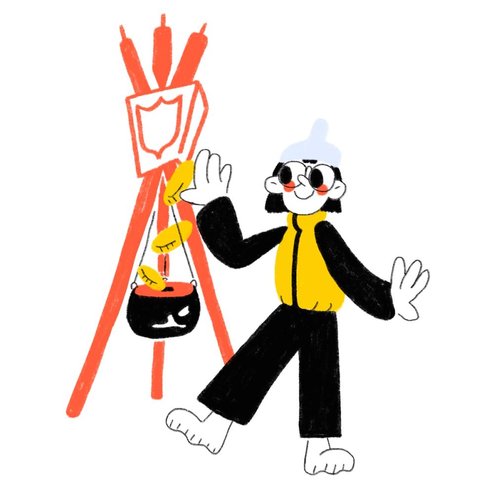 Иллюстрация: человек у рождественского котелка для пожертвований (Kuvitus: henkilö joulupadan äärellä)