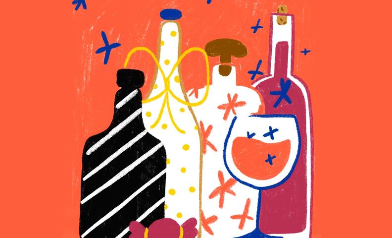 Иллюстрация: праздничные бутылки и бокал вина (Kuva: juhlalliset pullot ja viinilasi)