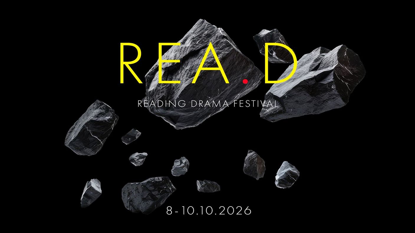Афиша фестиваля READ: Reading Drama Festival с черными камнями на темном фоне (READ-draamafestivaalin juliste).